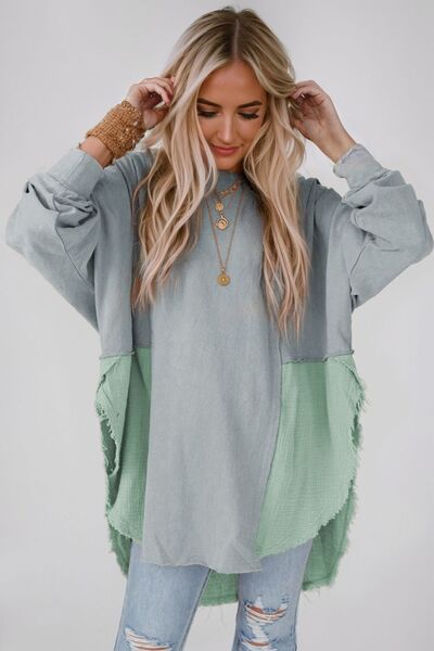 Gray Contrast Texture Round Neck Long Sleeve Blouse Sentient Beauty Fashions Apparel & Accessories