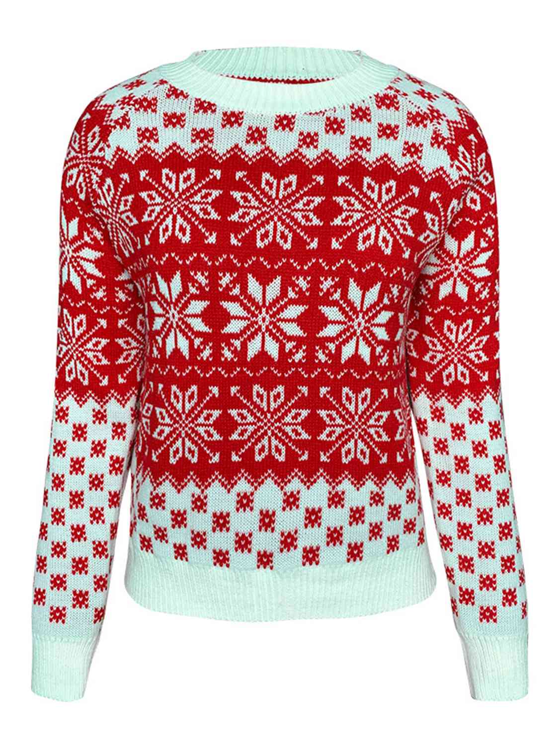 Firebrick Snowflake Round Neck Long Sleeve Sweater