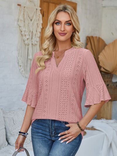 Rosy Brown Eyelet Notched Half Sleeve T-Shirt Sentient Beauty Fashions Apparel &amp; Accessories