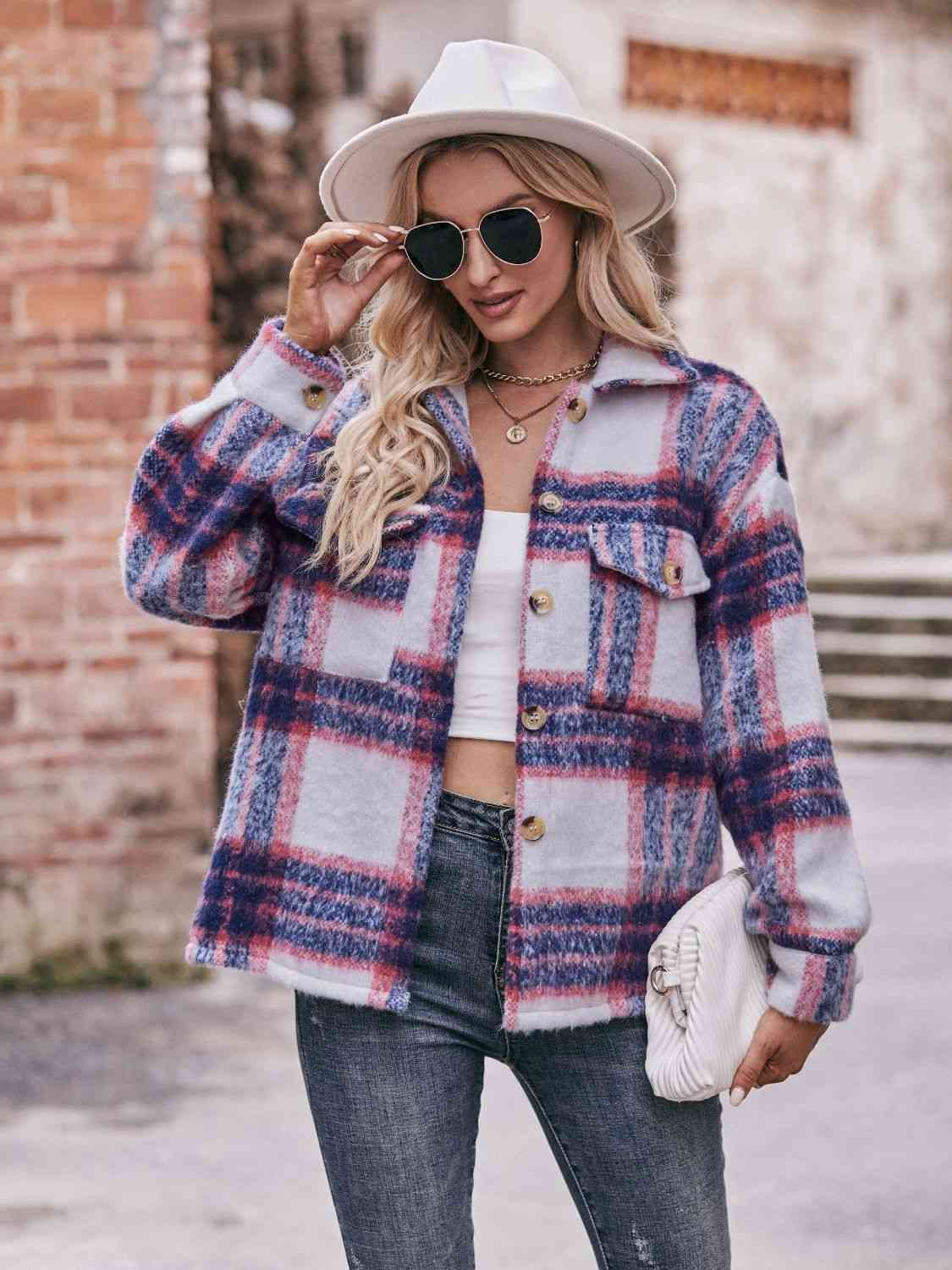 Dark Gray Plaid Dropped Shoulder Collared Jacket Sentient Beauty Fashions Apparel &amp; Accessories