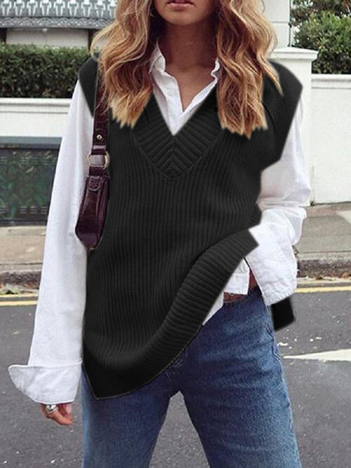 Dark Slate Gray Ribbed V-Neck Sleeveless Sweater Vest
