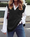Dark Slate Gray Ribbed V-Neck Sleeveless Sweater Vest Sentient Beauty Fashions Apparel & Accessories