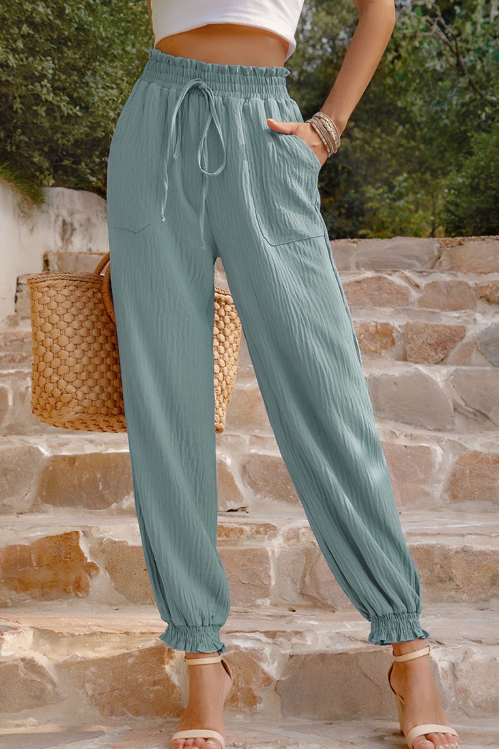 Slate Gray Textured Smocked Waist Pants with Pockets Sentient Beauty Fashions Apparel &amp; Accessories