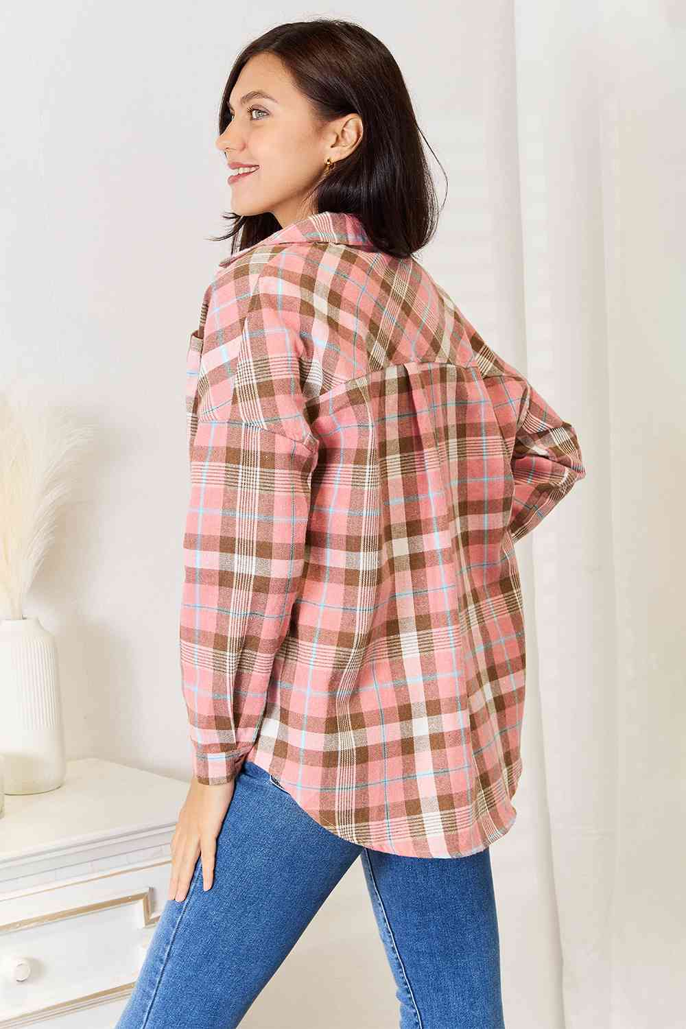 Light Gray Double Take Plaid Collared Neck Long Sleeve Button-Up Shirt