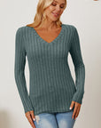 Dark Slate Gray Basic Bae Full Size Ribbed V-Neck Long Sleeve T-Shirt Sentient Beauty Fashions Apparel & Accessories