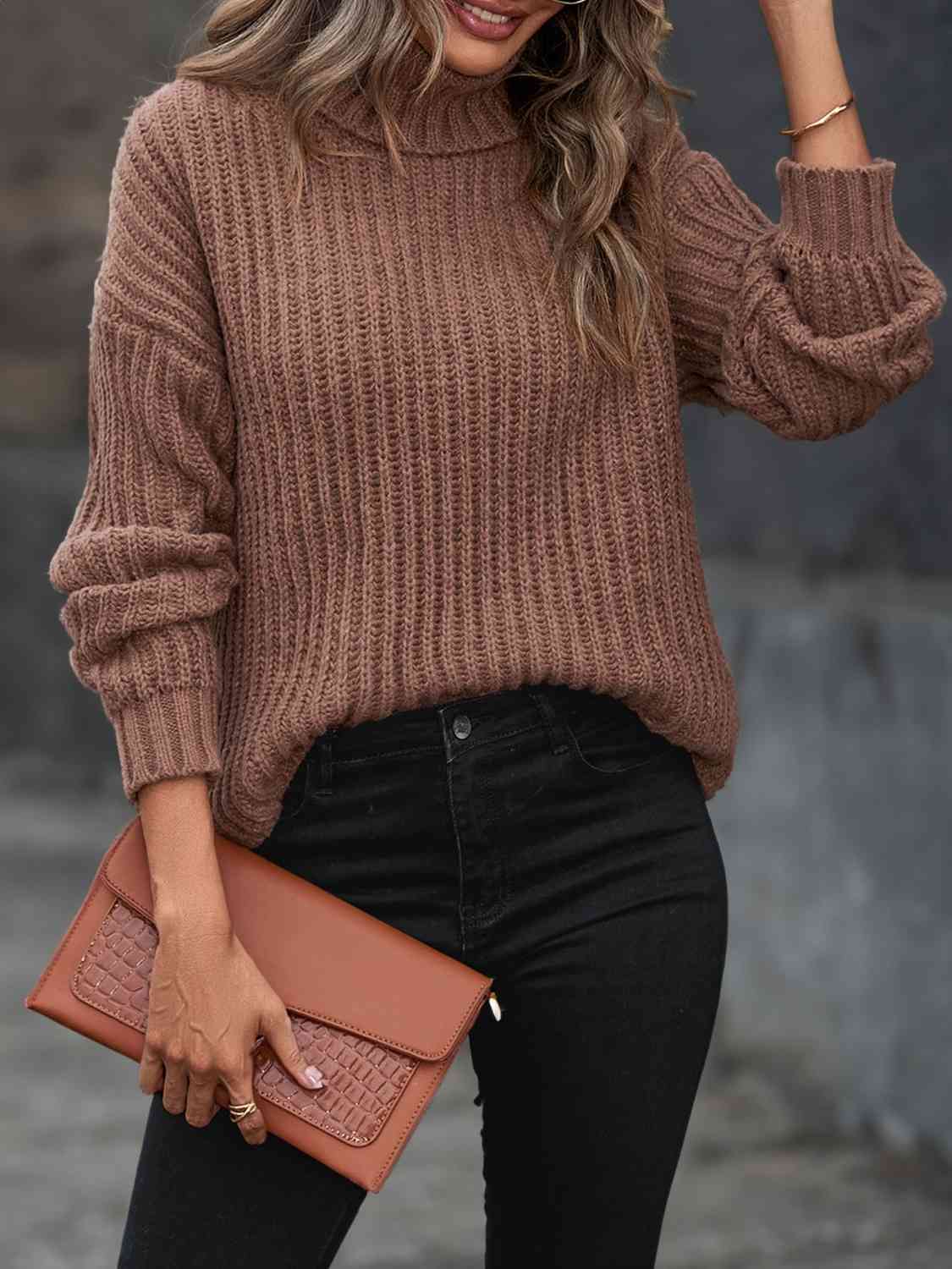 Dim Gray Turtleneck Rib-Knit Sweater