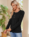 Tan Buttoned Round Neck Puff Sleeve T-Shirt Sentient Beauty Fashions Apparel & Accessories