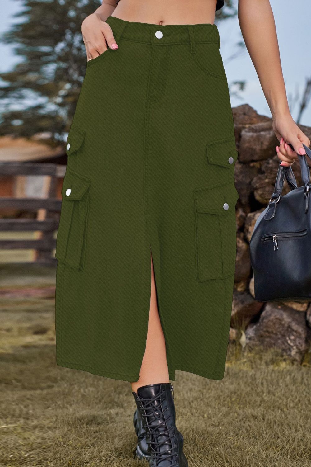Dark Slate Gray Slit Front Midi Denim Skirt with Pockets Sentient Beauty Fashions Apparel & Accessories