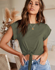 Rosy Brown Tied Round Neck Crop Tee