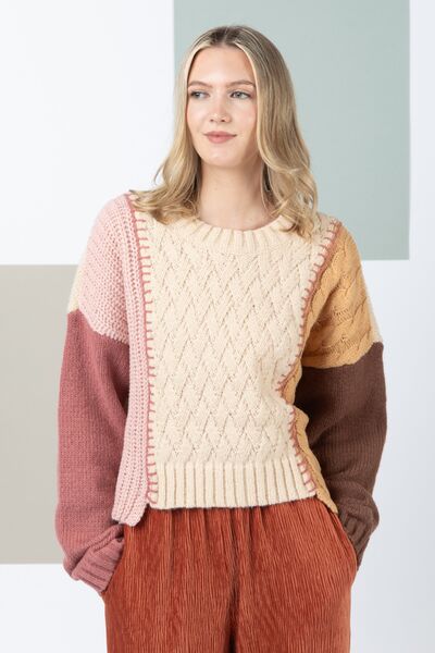 Light Gray Very J Color Block Cable Knit Long Sleeve Sweater Sentient Beauty Fashions Apparel & Accessories