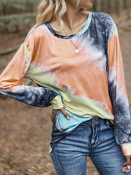 Dim Gray Printed Round Neck Long Sleeve T-Shirt Sentient Beauty Fashions Apparel & Accessories