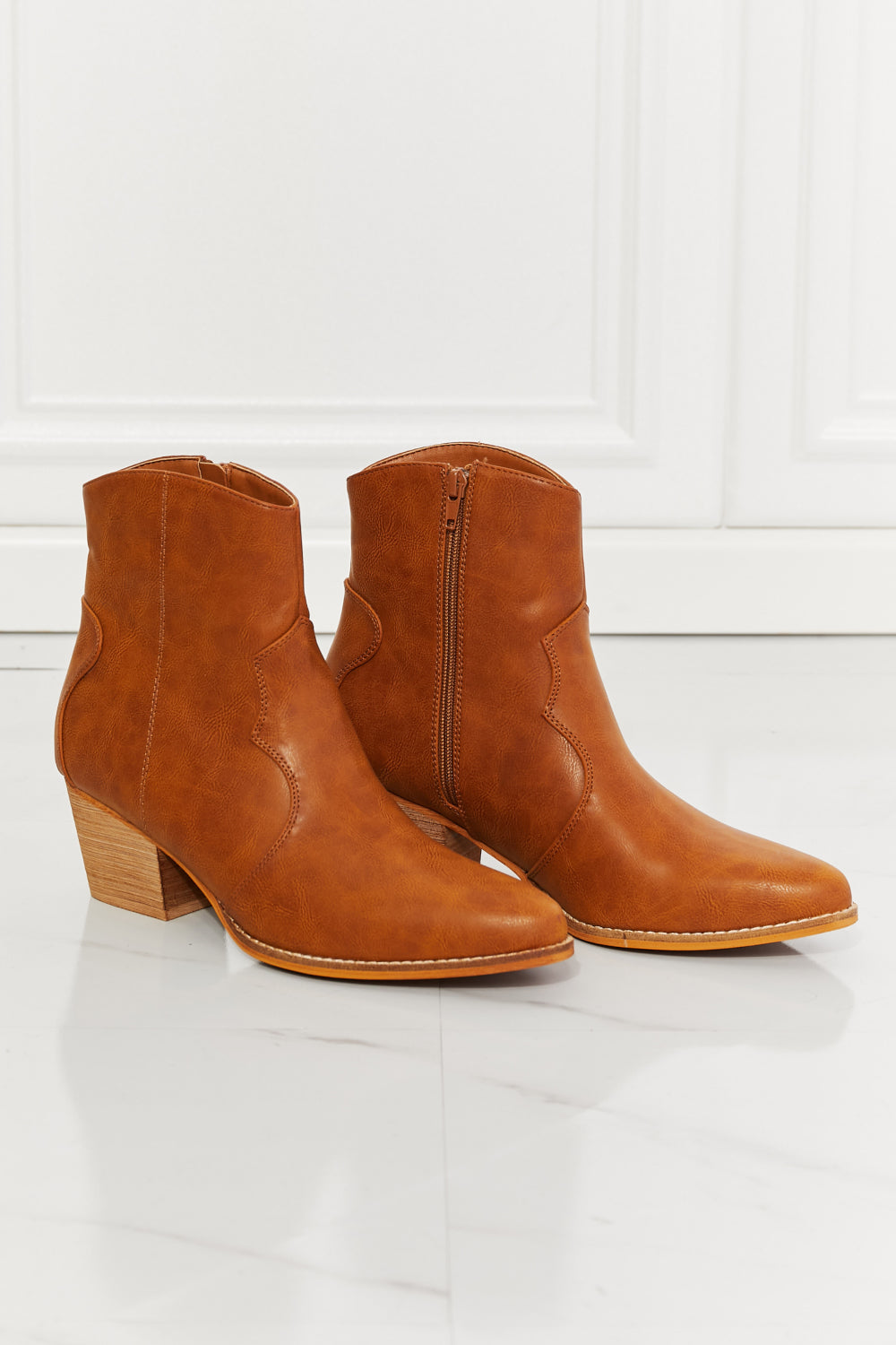 Saddle Brown MMShoes Watertower Town Faux Leather Western Ankle Boots in Ochre