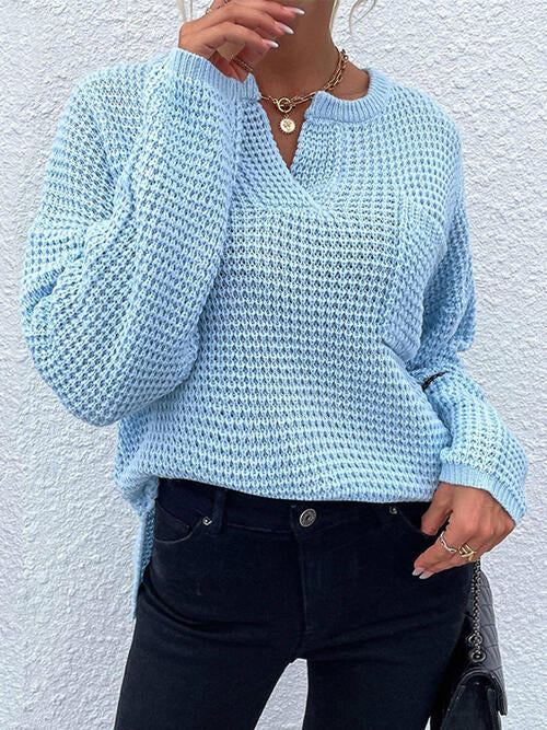 Light Steel Blue Notched Long Sleeve Sweater