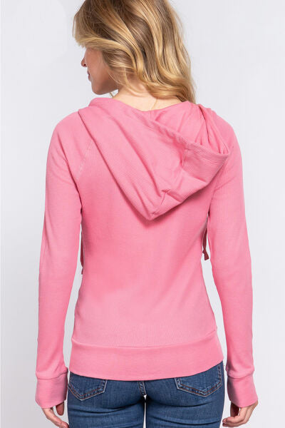 Light Pink ACTIVE BASIC Waffle Knit Drawstring Zip Up Long Sleeve Hoodie Sentient Beauty Fashions Apparel &amp; Accessories