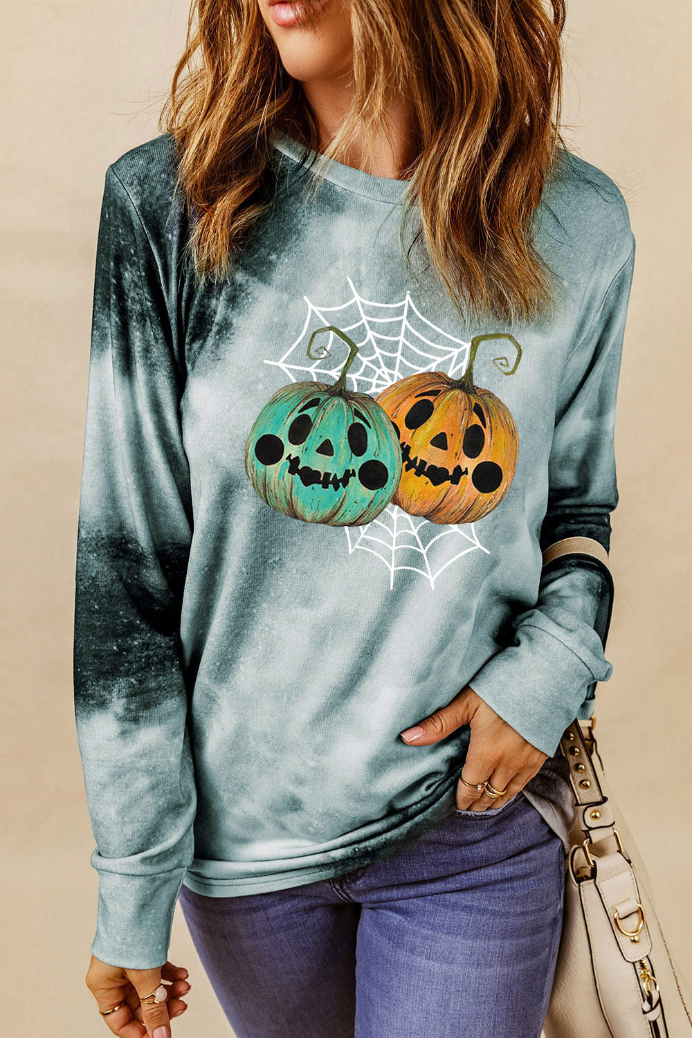 Gray Round Neck Long Sleeve Halloween Graphic Sweatshirt Sentient Beauty Fashions Apparel & Accessories