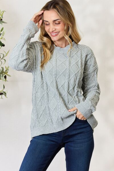 Light Gray BiBi Cable Knit Round Neck Sweater Sentient Beauty Fashions Apparel & Accessories