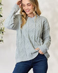 Light Gray BiBi Cable Knit Round Neck Sweater Sentient Beauty Fashions Apparel & Accessories