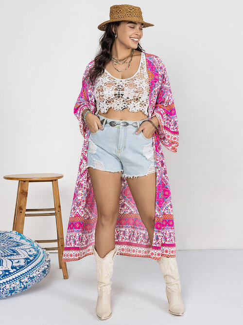 Light Gray Double Take Plus Size Printed Open Front Longline Cardigan Sentient Beauty Fashions Apparel &amp; Accessories