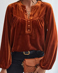 Dark Red Ruched Decorative Button Notched Blouse Sentient Beauty Fashions Apparel & Accessories