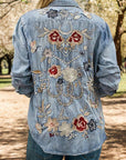 Light Slate Gray Embroidered Pocketed Button Up Denim Shirt Sentient Beauty Fashions Apparel & Accessories