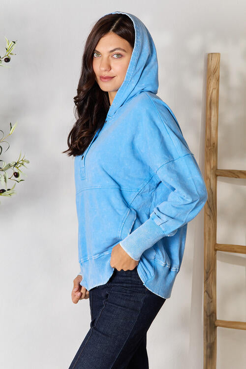 Gray Zenana Half Snap Long Sleeve Hoodie with Pockets Sentient Beauty Fashions Apparel & Accessories