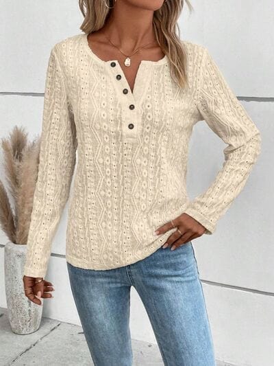 Light Gray Openwork Half Button Long Sleeve Blouse