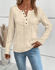 Light Gray Openwork Half Button Long Sleeve Blouse