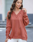 Rosy Brown Exposed Seam V-Neck Drawstring Hoodie