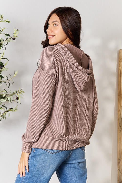 Gray BOMBOM Ribbed Drawstring Exposed Seam Hoodie Sentient Beauty Fashions Apparel &amp; Accessories