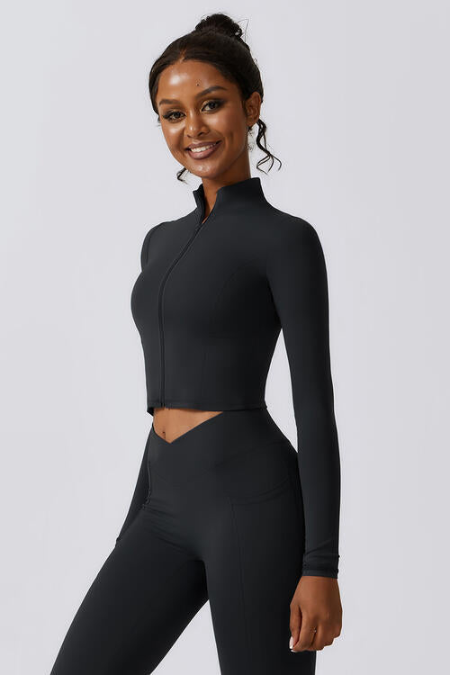 Black Zip Up Long Sleeve Cropped Active Top Sentient Beauty Fashions Apparel &amp; Accessories