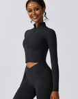 Black Zip Up Long Sleeve Cropped Active Top Sentient Beauty Fashions Apparel & Accessories