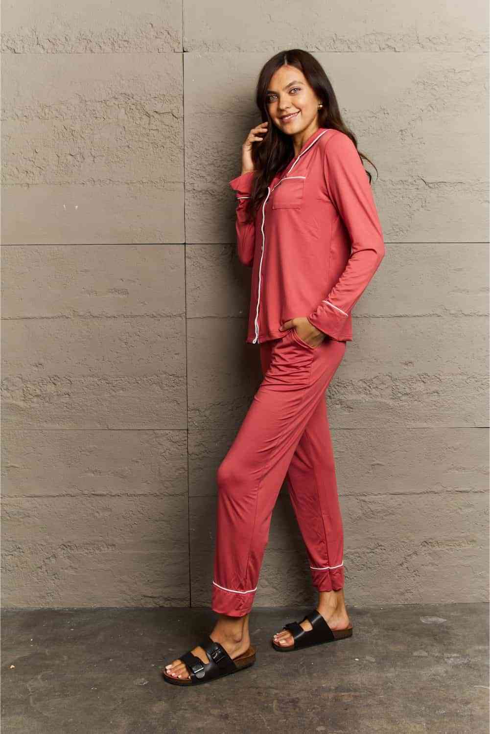 Rosy Brown Ninexis Buttoned Collared Neck Top and Pants Pajama Set