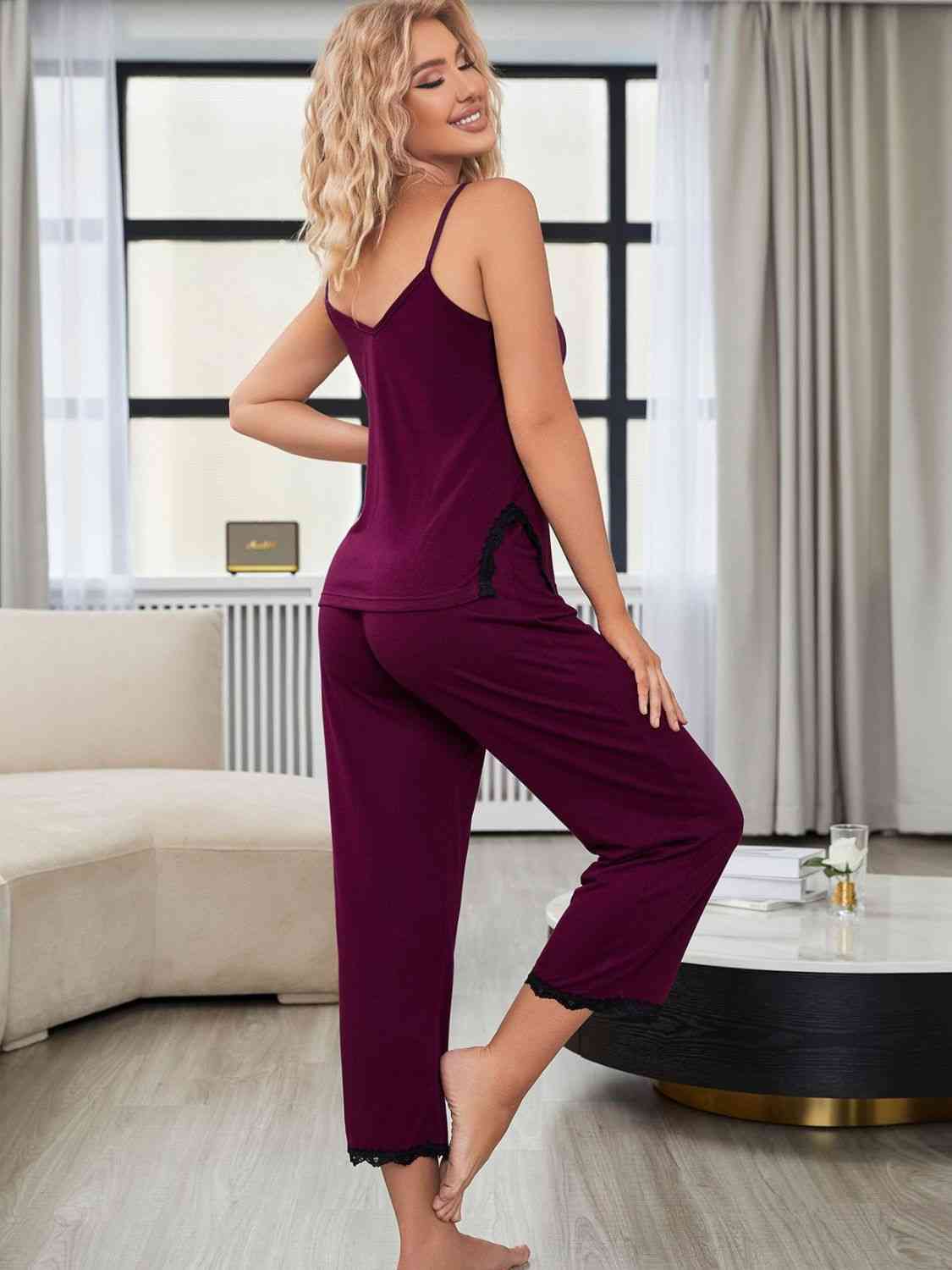 Gray V-Neck Lace Trim Slit Cami and Pants Pajama Set