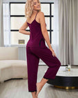 Gray V-Neck Lace Trim Slit Cami and Pants Pajama Set