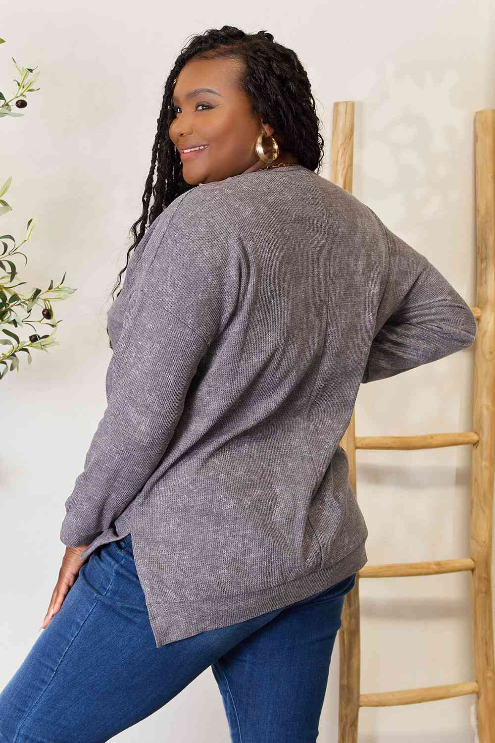 Light Gray Basic Bae Round Neck Drop Shoulder Slit Sweatshirt Sentient Beauty Fashions Apparel &amp; Accessories
