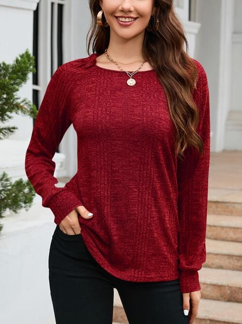 Saddle Brown Texture Round Neck Long Sleeve Knit Top