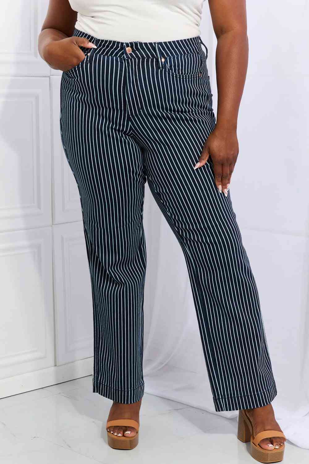 Black Judy Blue Cassidy Full Size High Waisted Tummy Control Striped Straight Jeans Sentient Beauty Fashions Apparel &amp; Accessories