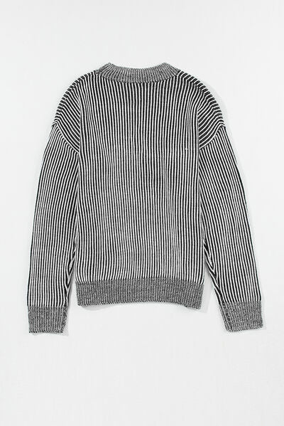 Dark Slate Gray Striped Mock Neck Dropped Shoulder Sweater Sentient Beauty Fashions Apparel &amp; Accessories