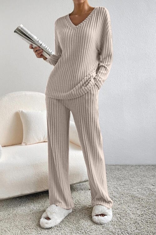 Gray Ribbed V-Neck Top and Pants Set Sentient Beauty Fashions Apparel &amp; Accessories