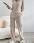 Gray Ribbed V-Neck Top and Pants Set Sentient Beauty Fashions Apparel & Accessories