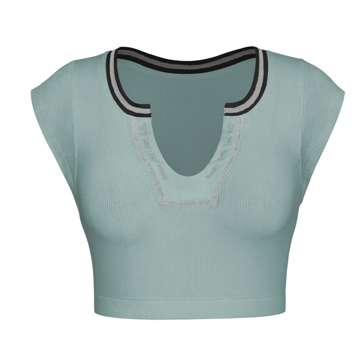 Dark Sea Green Notched Neck Cap Sleeve Cropped Tee Sentient Beauty Fashions Apparel &amp; Accessories