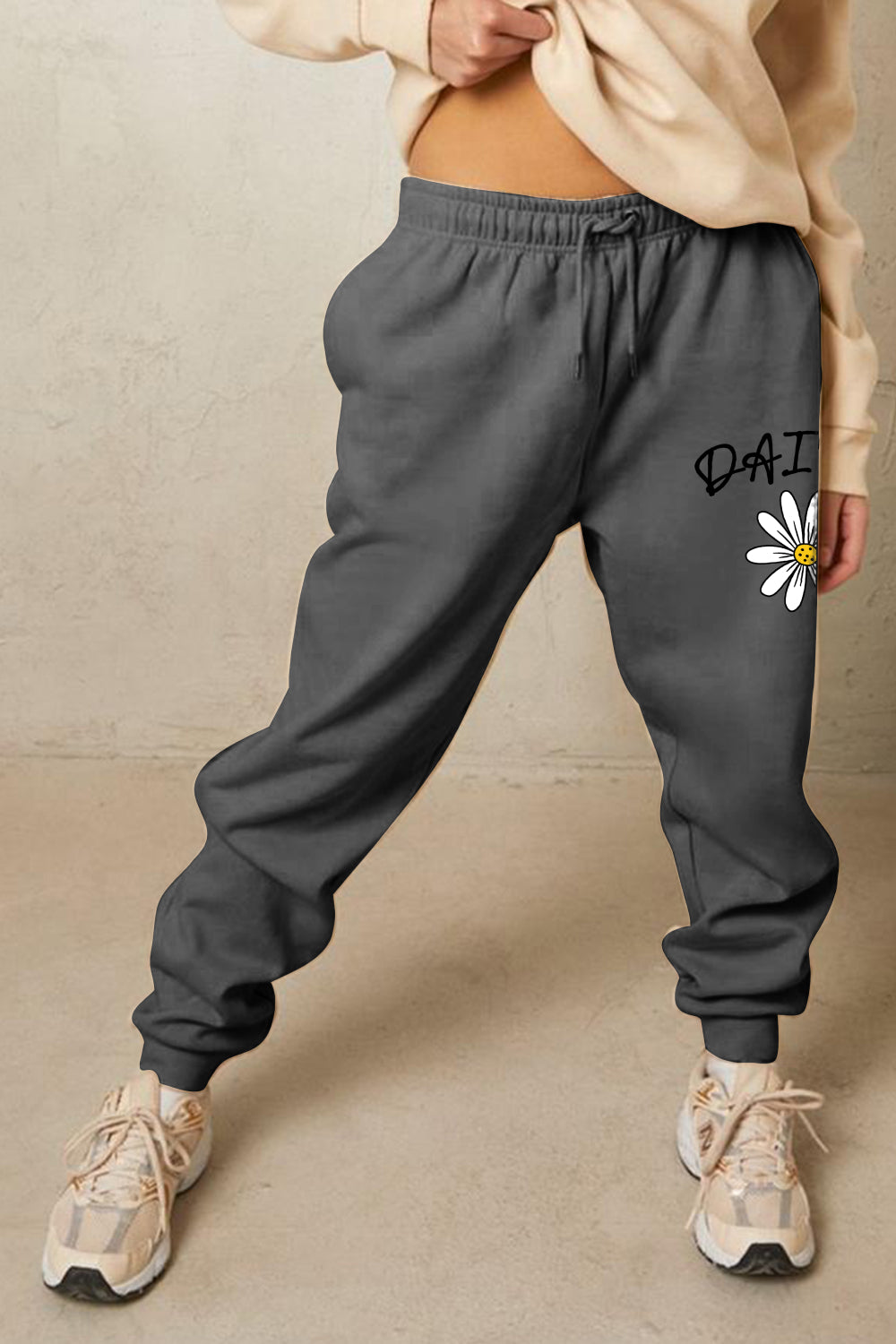 Rosy Brown Simply Love Full Size Drawstring DAISY Graphic Long Sweatpants Sentient Beauty Fashions Apparel & Accessories