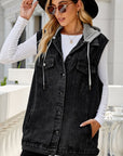 Black Drawstring Hooded Sleeveless Denim Top with Pockets Sentient Beauty Fashions Apparel & Accessories