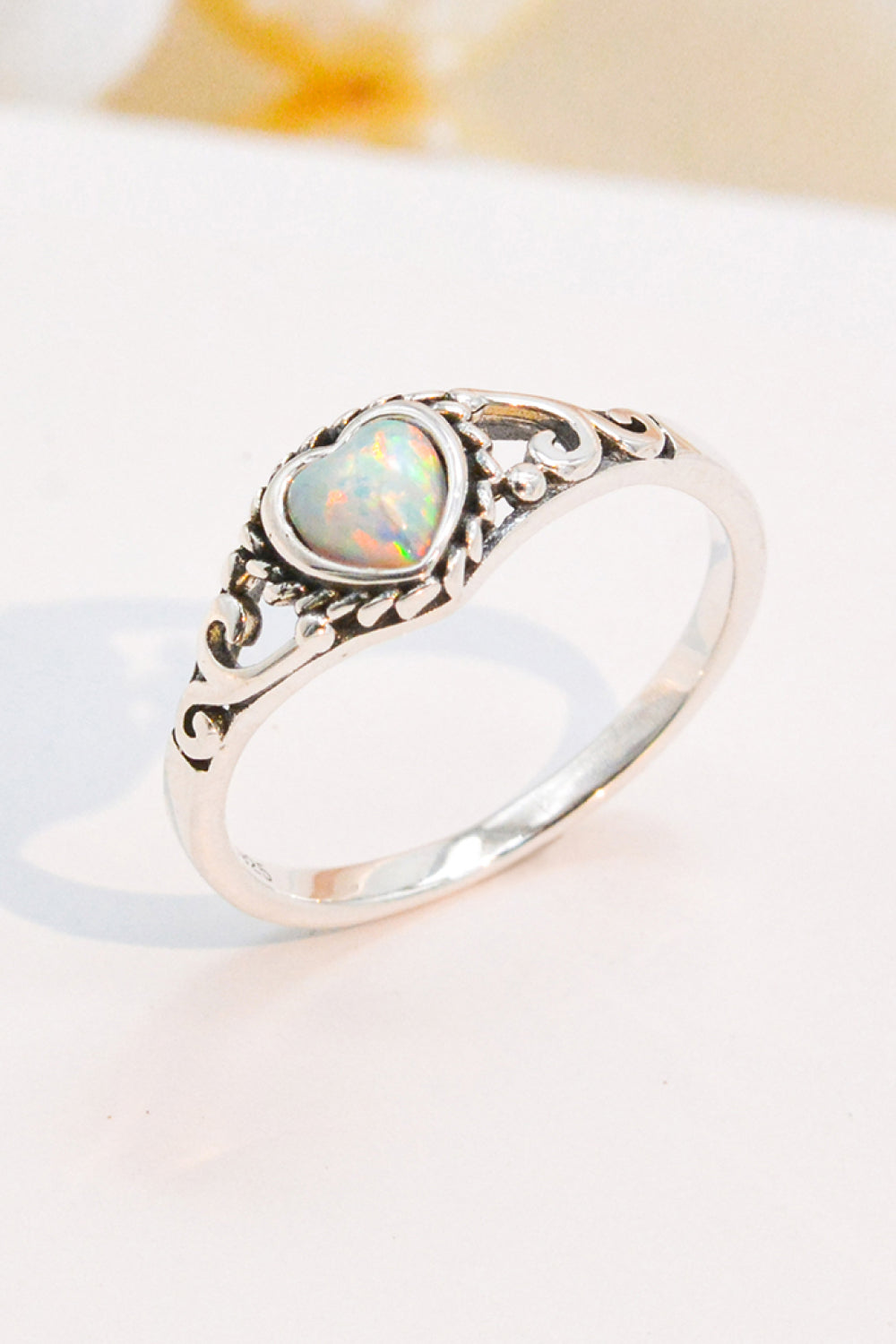 Beige 925 Sterling Silver Heart-Shape Opal Ring Sentient Beauty Fashions Rings