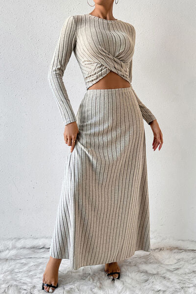 Gray Ribbed Round Neck Top and Skirt Set Sentient Beauty Fashions Apparel & Accessories