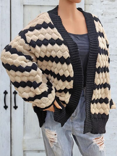 Gray Striped Contrast Open Front Long Sleeve Cardigan