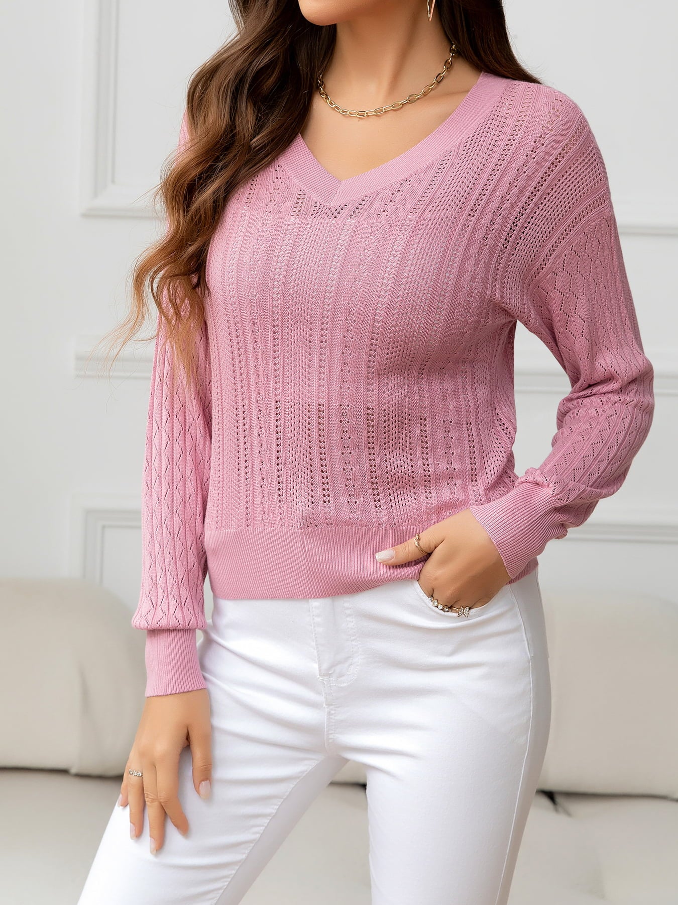 Thistle V-Neck Long Sleeve Eyelet Knit Top Sentient Beauty Fashions Apparel &amp; Accessories