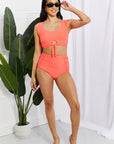 Light Gray Marina West Swim Sanibel Crop Swim Top and Ruched Bottoms Set in Coral Sentient Beauty Fashions Swimwear