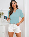 Light Gray V-Neck Short Sleeve Knit Top Sentient Beauty Fashions Apparel & Accessories