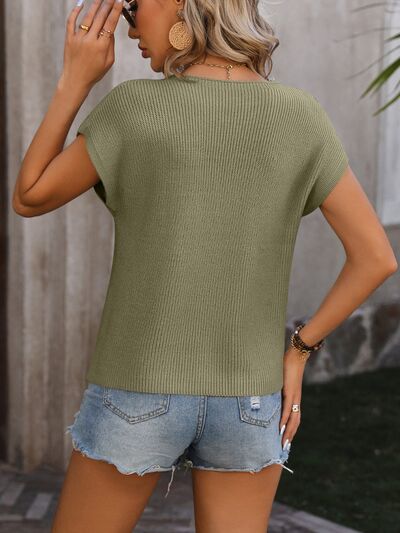 Dim Gray Pocketed Round Neck Cap Sleeve Sweater Sentient Beauty Fashions Apparel &amp; Accessories